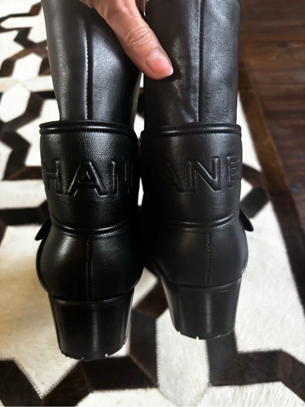 CHANEL Black Leather Low-Calf Buckle Heeled Boots